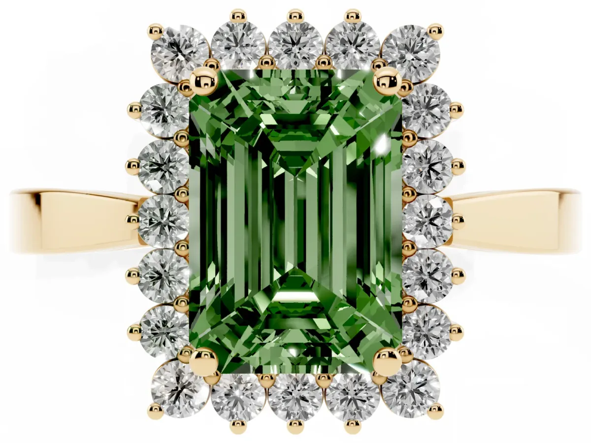Fancy Green Emerald Cut Cut Diamond Halo Ring with Round Brilliant Halo and Solitaire Band Yellow gold
