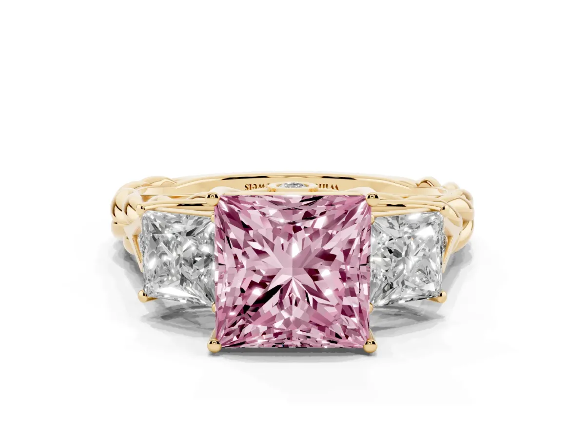Fancy Pink Three-Stone Princess Cut Diamond Braided Band Ring with Four-Prong Setting Yellow gold