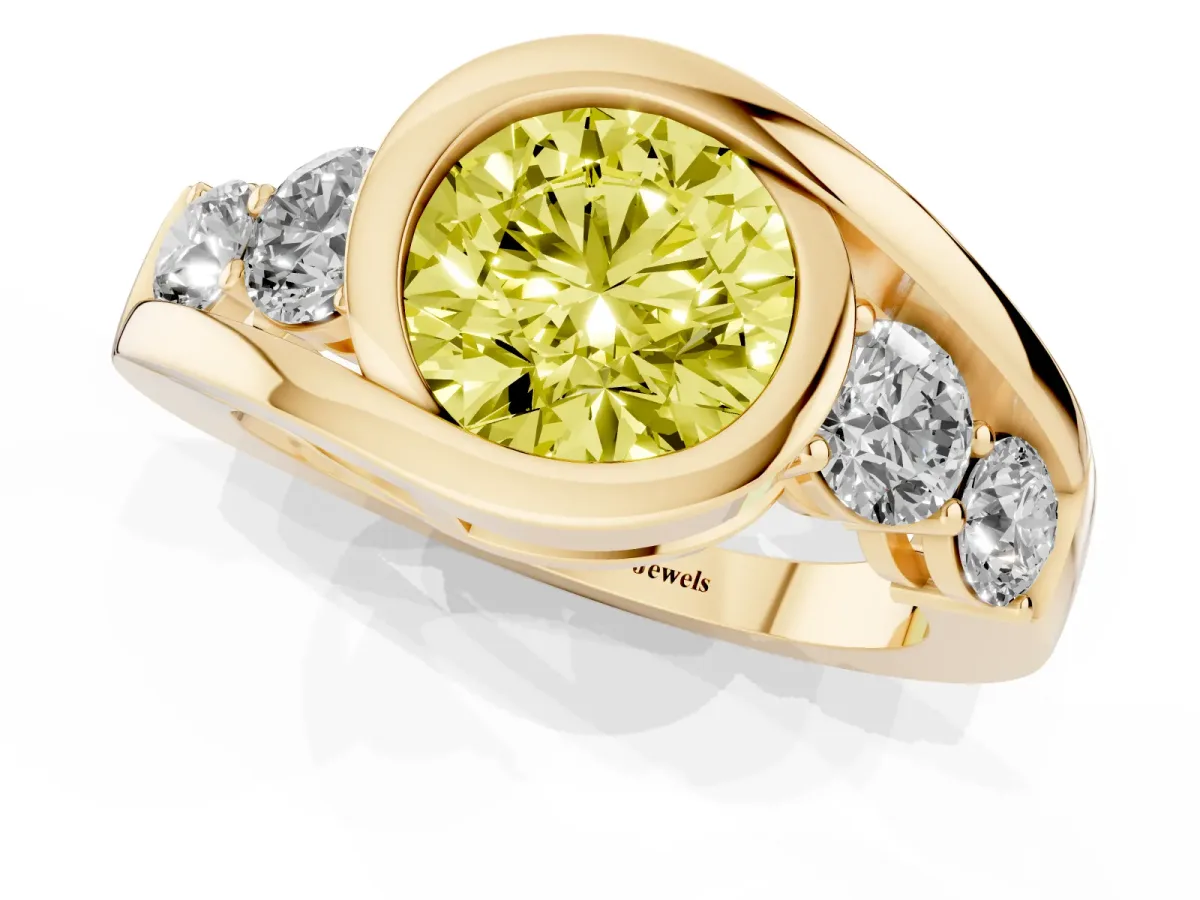 Fancy Yellow Bezel Set Round Cut Diamond Bypass Ring with Round Accents Yellow gold