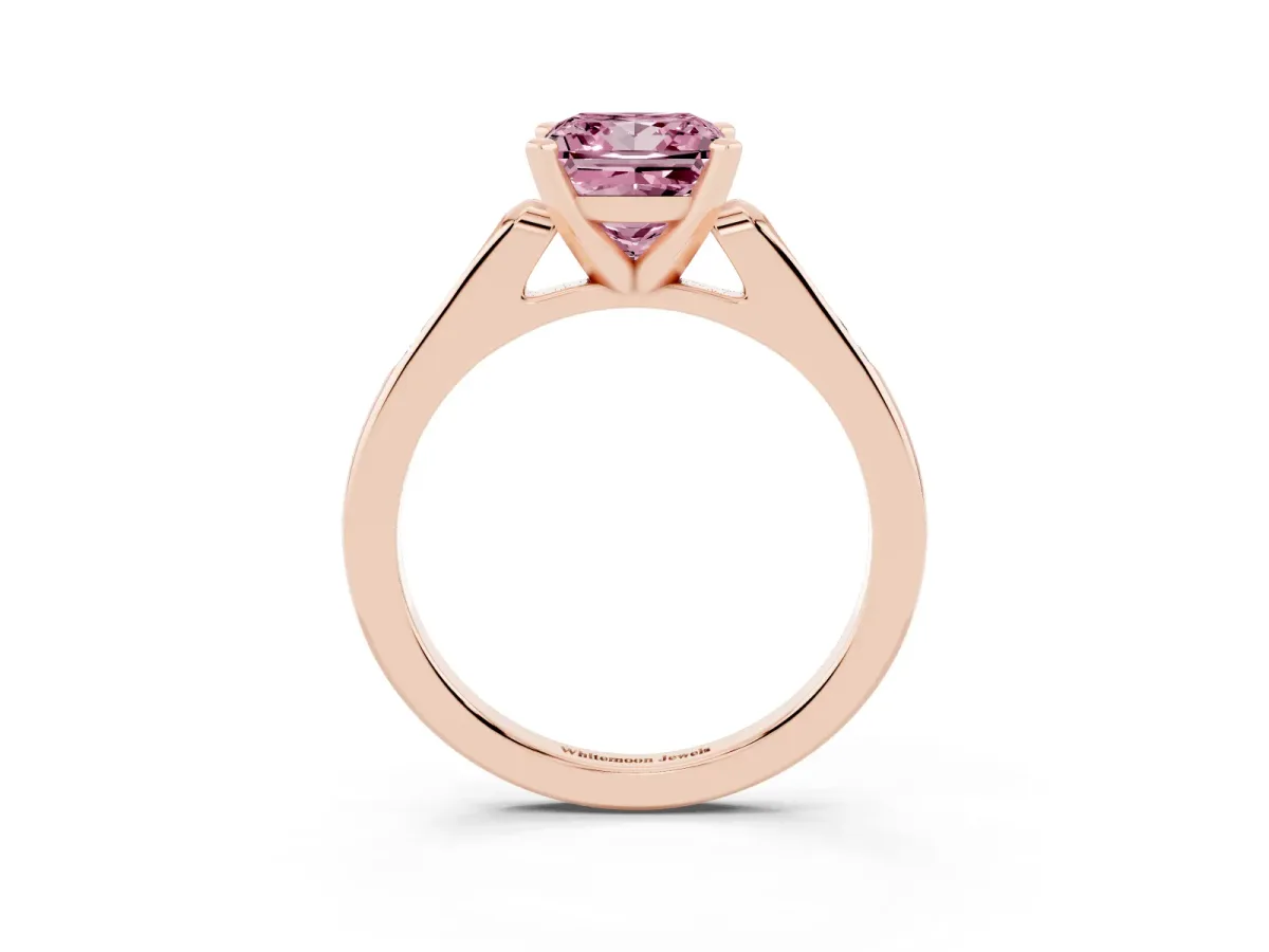 Fancy Pink Princess Cut Diamond Solitaire Ring with Channel Set Round Band and Prong Setting Rose gold