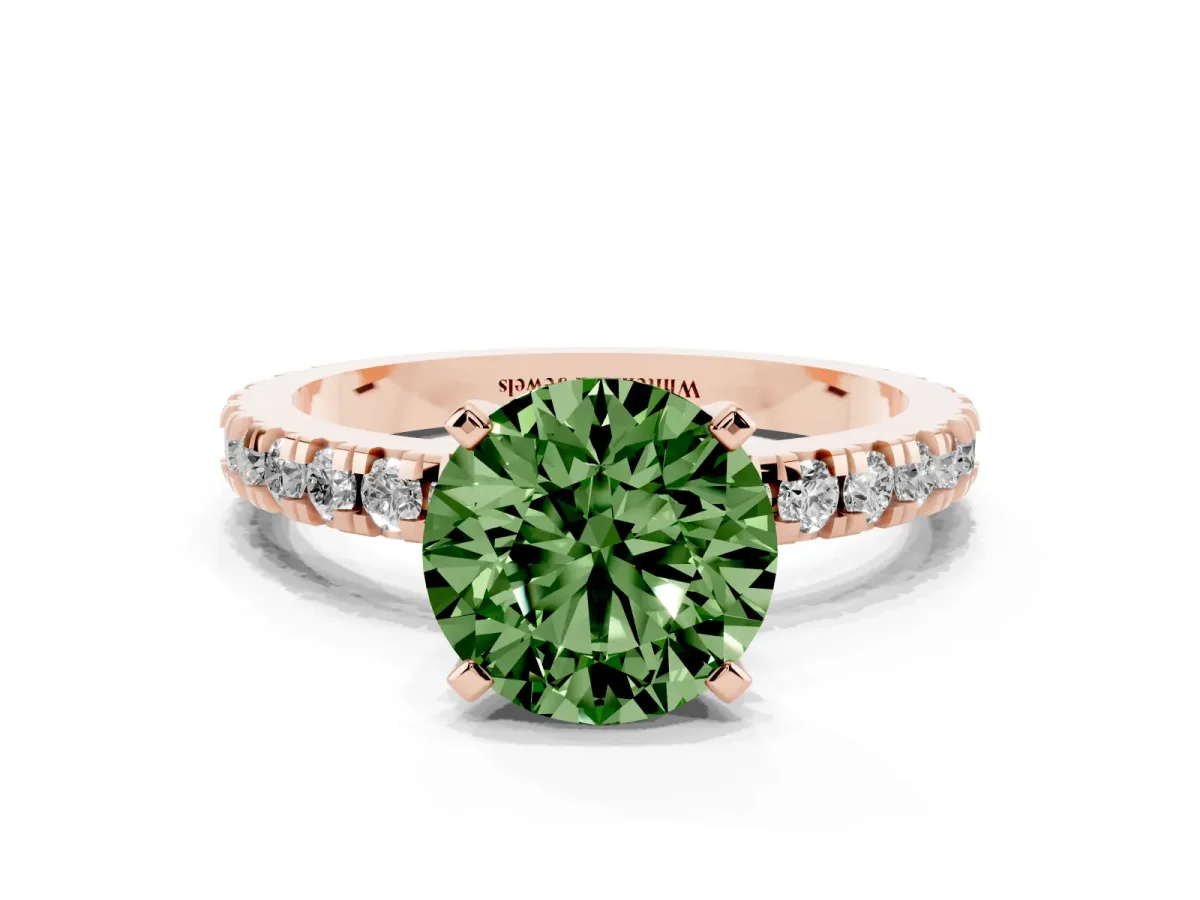 Fancy Green Round Cut Diamond Pavé Band Solitaire with Four-Prong Setting Rose gold