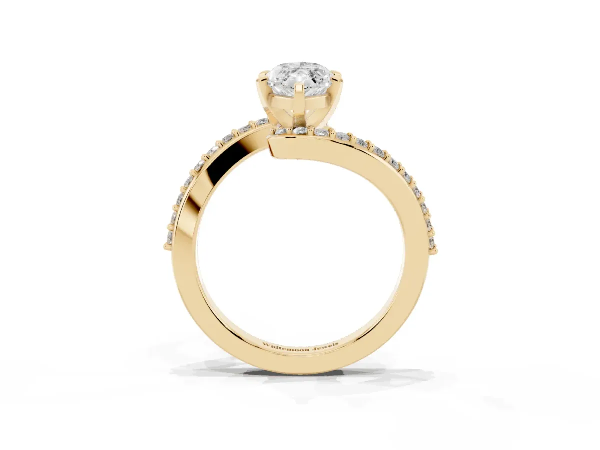 Marquise Cut Solitaire Twist Band with Pave Set Diamonds and Four-Prong Setting Yellow gold