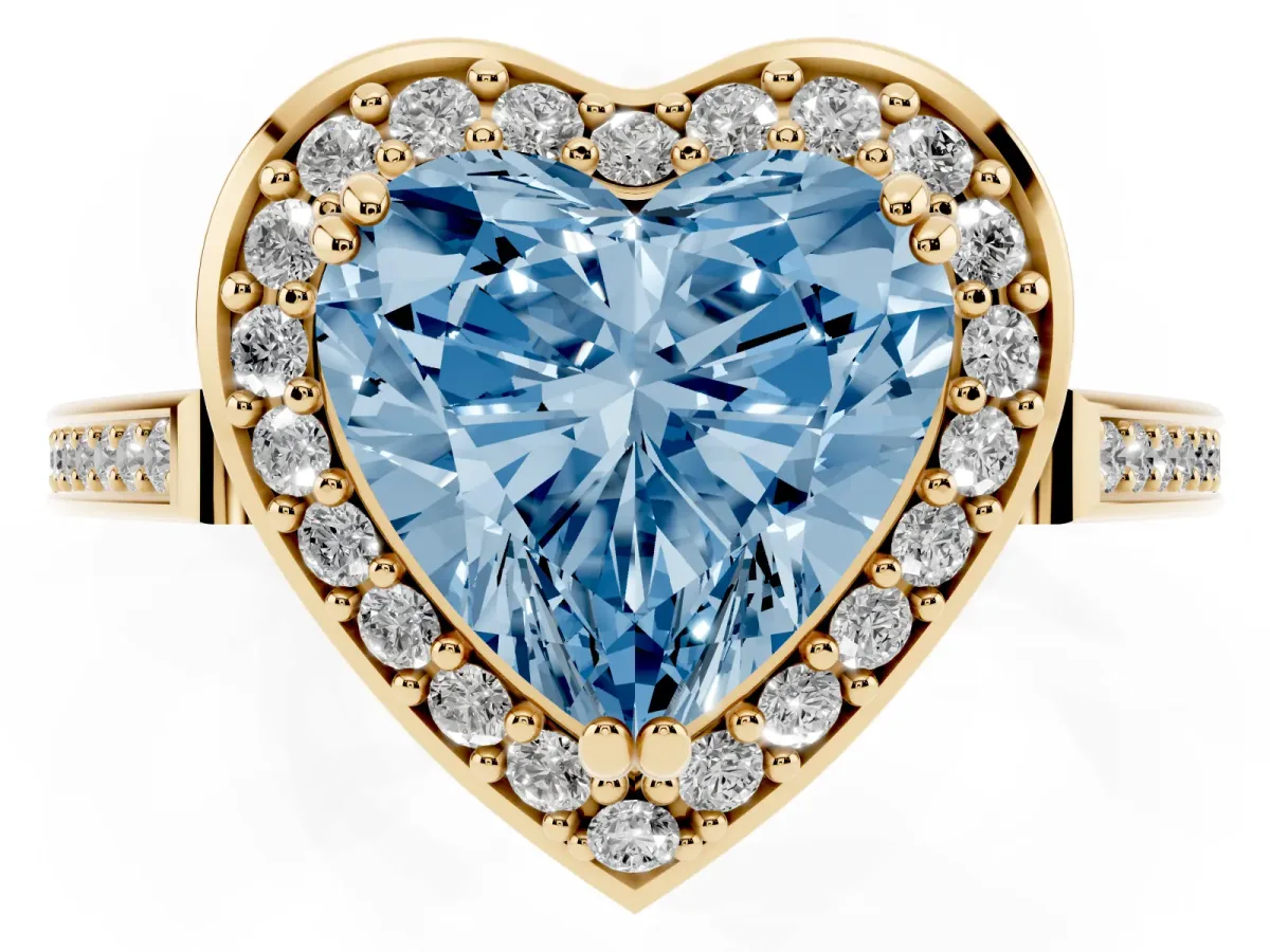 Fancy Blue Heart Cut Diamond Halo Ring with Split Shank and Four-Prong Setting Yellow gold