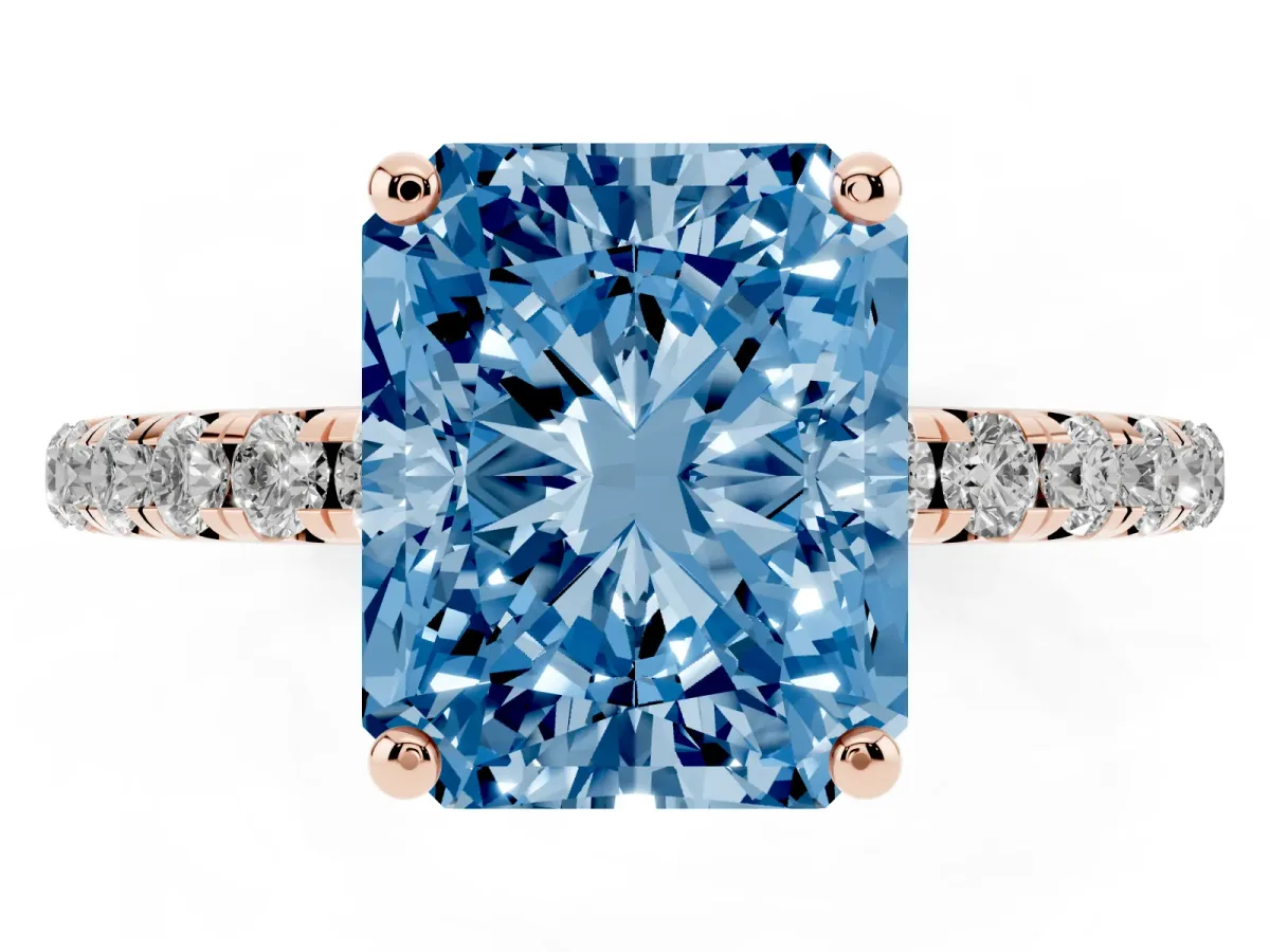 Fancy Blue Radiant Cut Cut Diamond Solitaire Ring with Micro Pave Band and Four Prong Setting Rose gold