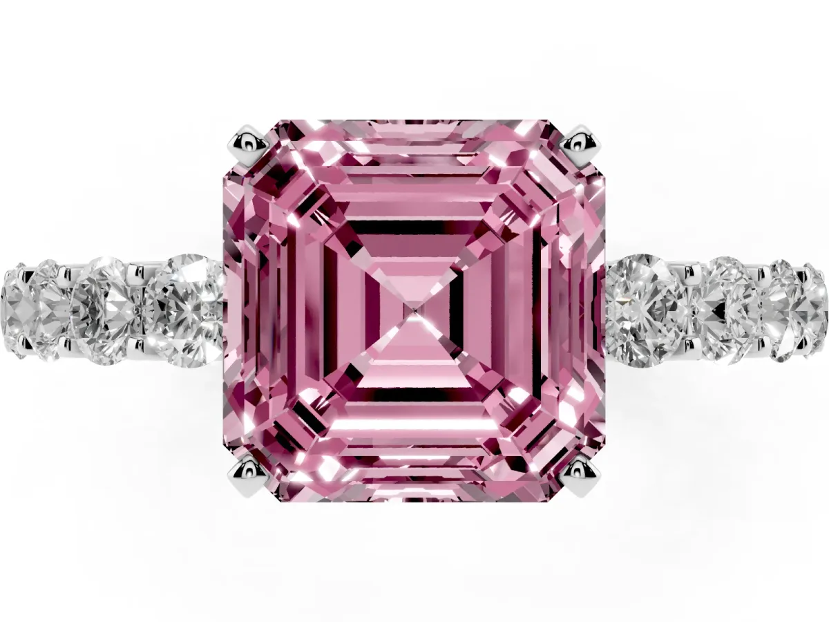 Fancy Pink Asscher Cut Diamond Solitaire Ring with Shared Prong Pavé Band and Four-Prong Setting Silver