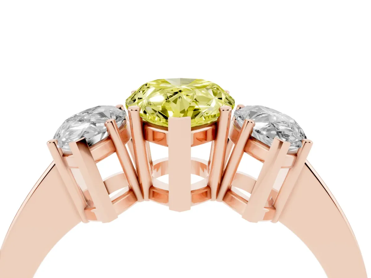 Fancy Yellow Three-Stone Pear Cut Cut Diamond Engagement Ring with Flat Band and Four-Prong Setting Rose gold