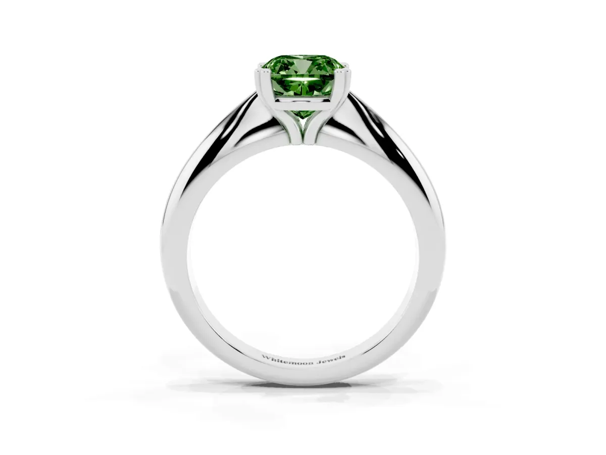 Fancy Green Cushion Cut Cut Solitaire Engagement Ring with Tapered Band and Four-Prong Setting Silver