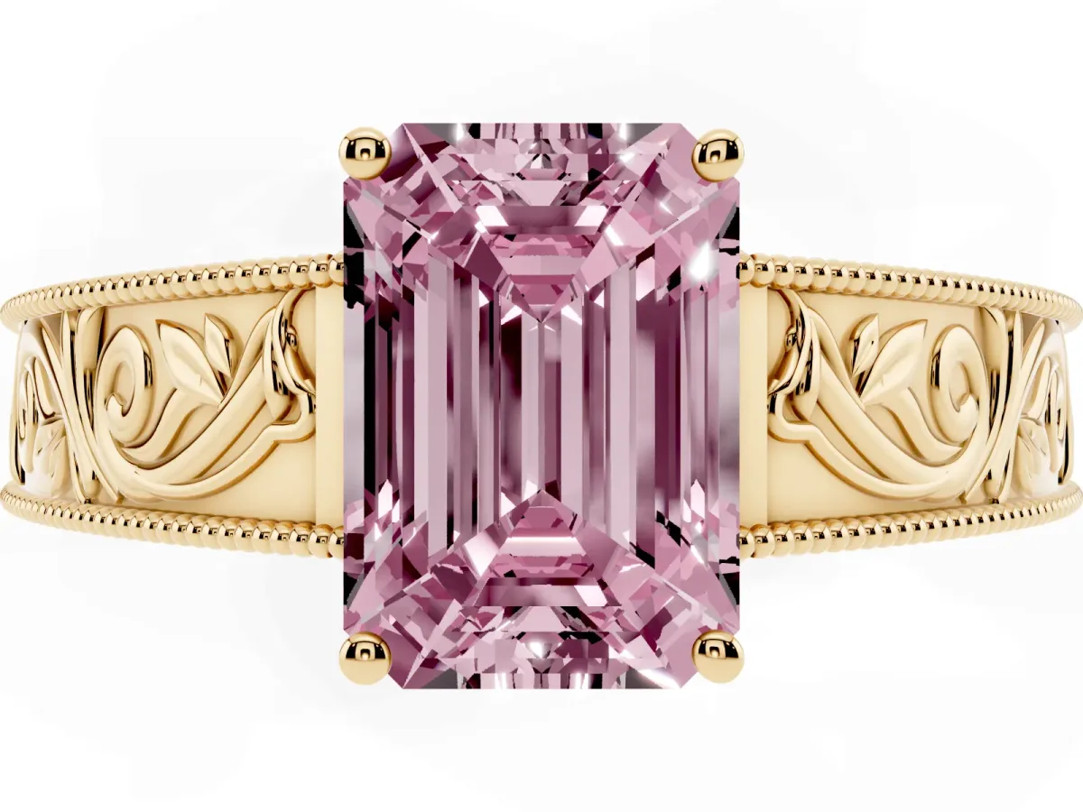 Fancy Pink Emerald Cut Diamond Solitaire Ring with Engraved Band and Four-Prong Setting Yellow gold