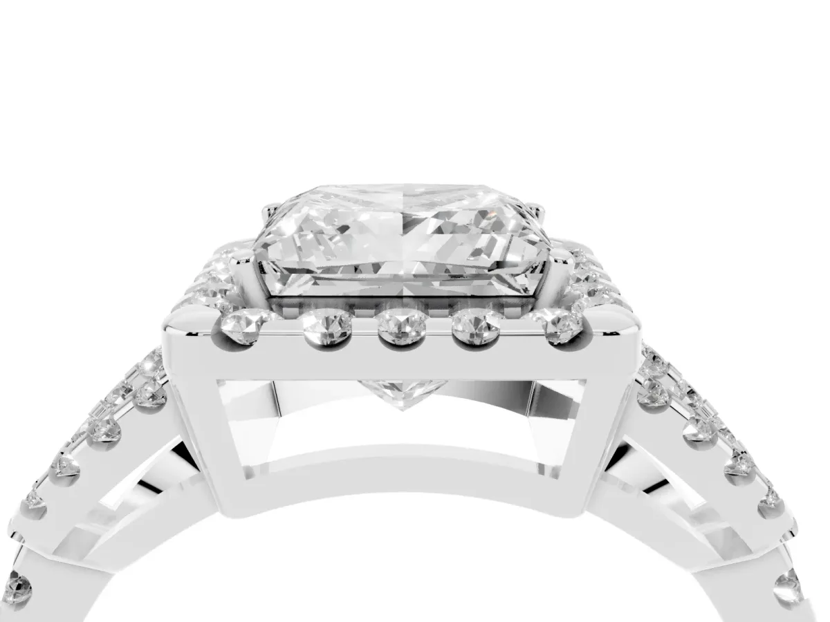 Princess Cut Cut Diamond Halo Engagement Ring with Open Split Pavé Band Platinum