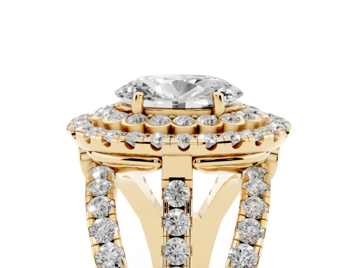 Oval Cut Diamond Double Halo Ring with Round Pavé Split Shank and Prong Setting Yellow gold