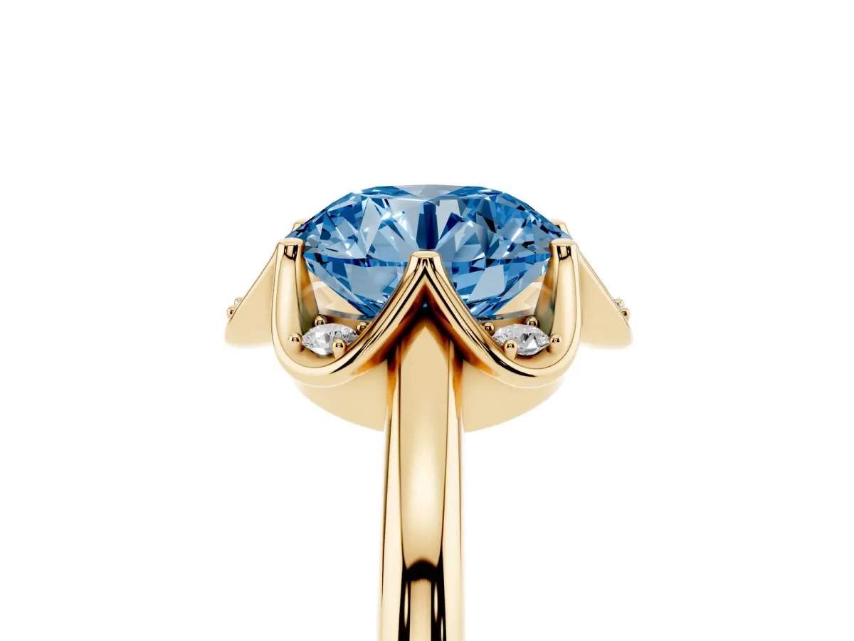 Fancy Blue Round Cut Halo Diamond Ring with Round Cluster Setting, Solitaire Band, and Four-Prong Setting Yellow gold