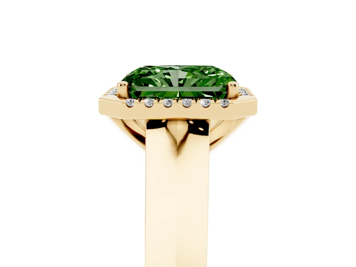 Fancy Green Radiant Cut Halo Diamond Ring with Cathedral Band and Four-Prong Setting Yellow gold