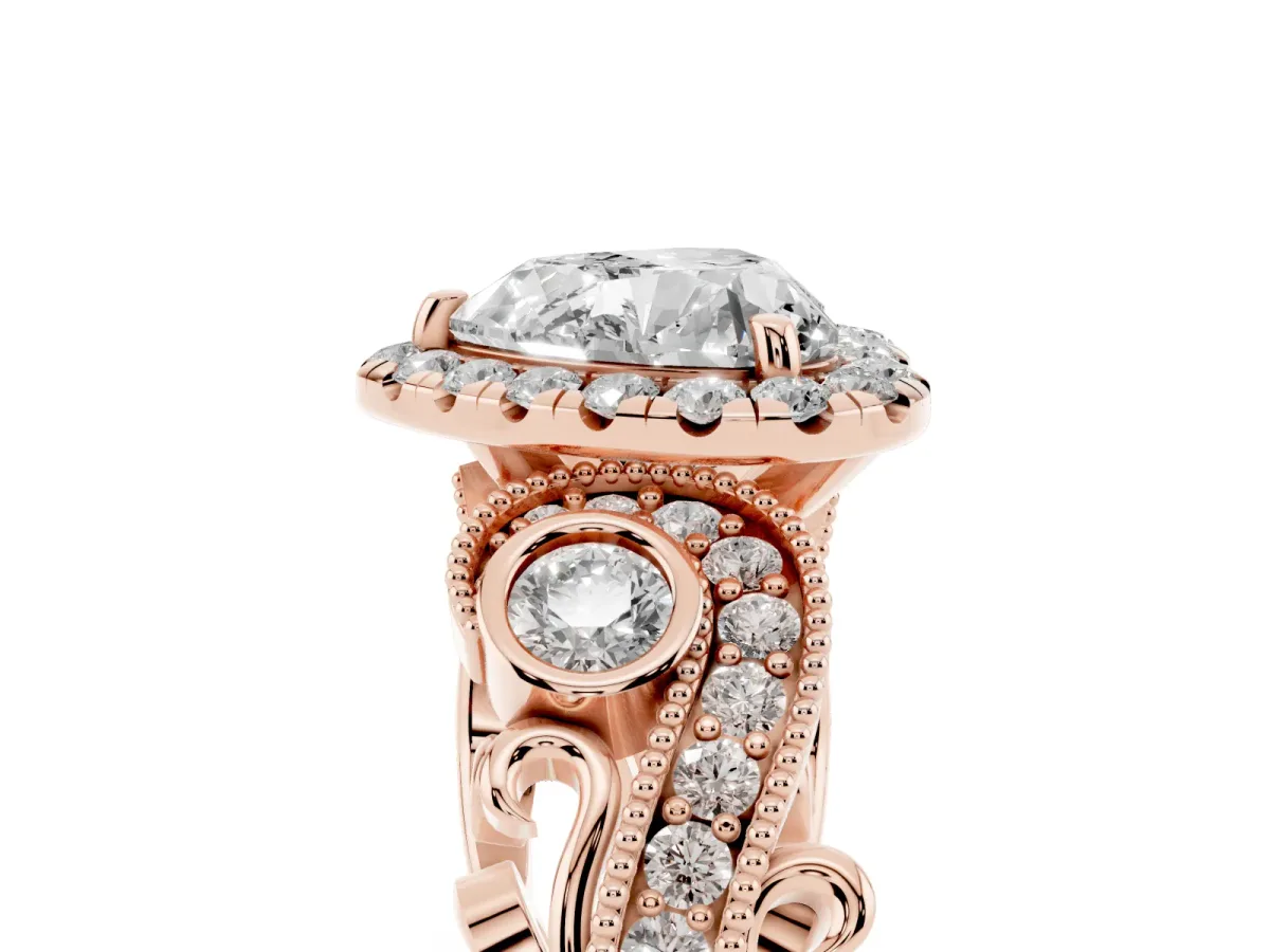 Heart Cut Diamond Halo Ring with Milgrain Pavé Band and Four-Prong Setting Rose gold