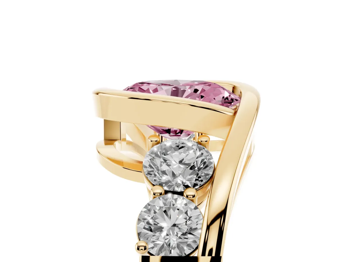 Fancy Pink Bezel Set Oval Cut Diamond Bypass Ring with Round Accents Yellow gold