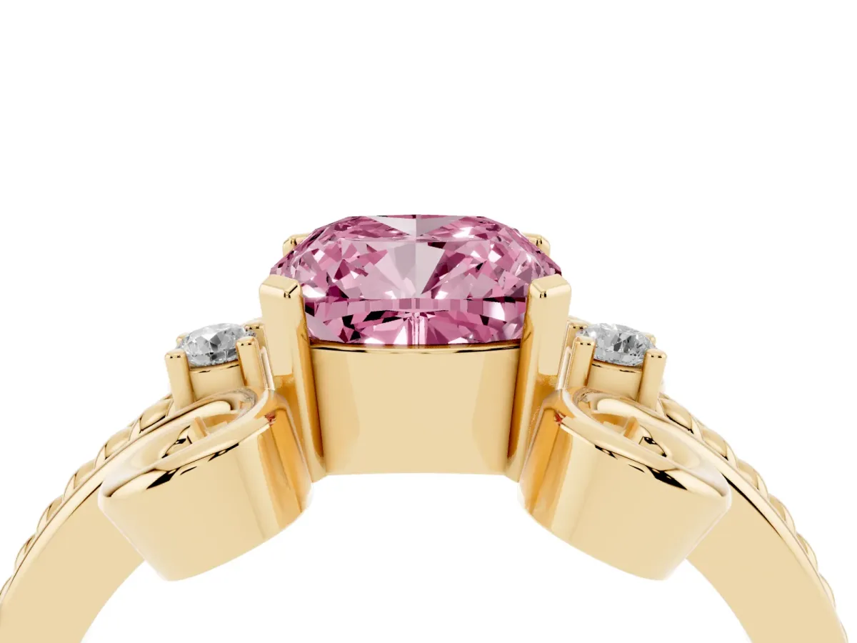 Fancy Pink Cushion Cut Solitaire Twisted Band Scroll Prong Ring Yellow gold