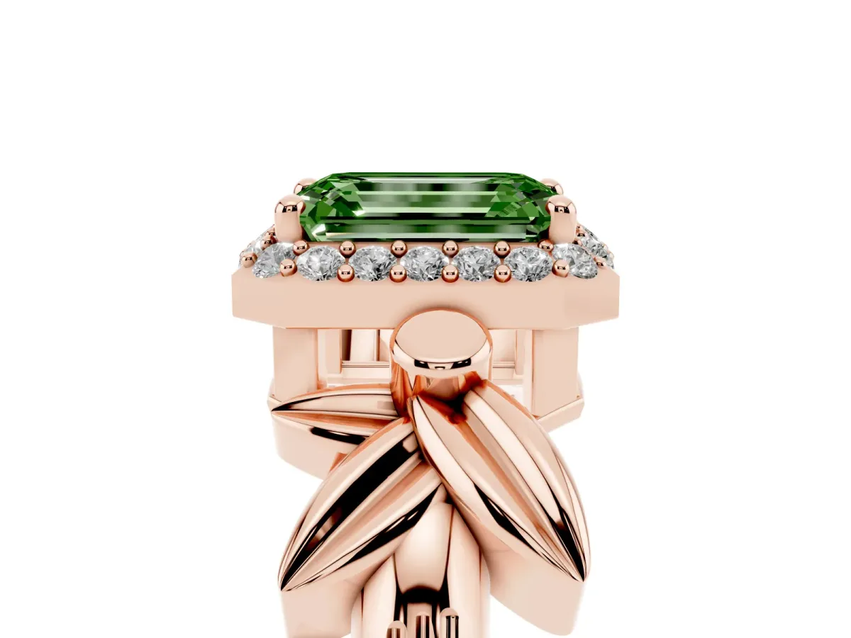 Fancy Green Emerald Cut Halo Diamond Floral Band with Four-Prong Setting Rose gold