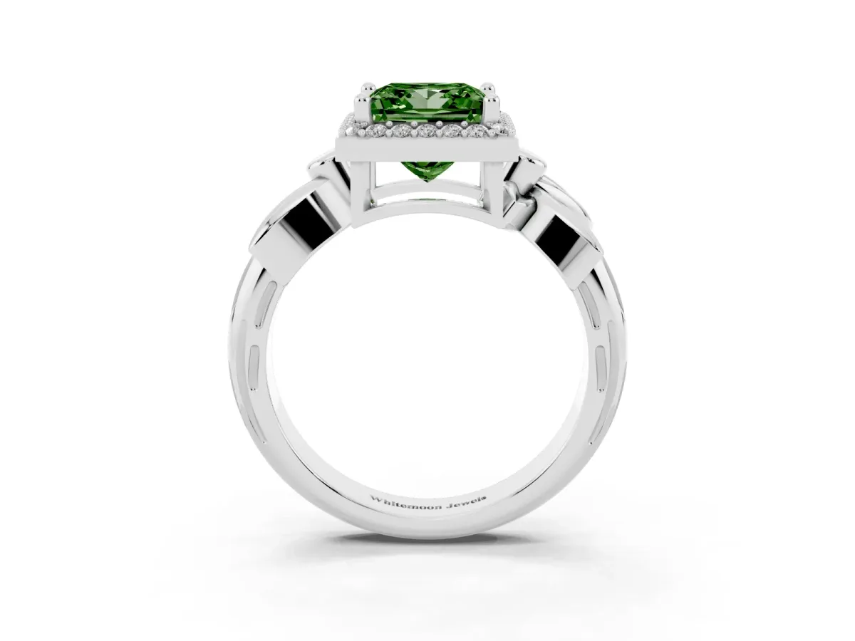 Fancy Green Princess Cut Halo Diamond Floral Band with Four-Prong Setting Silver