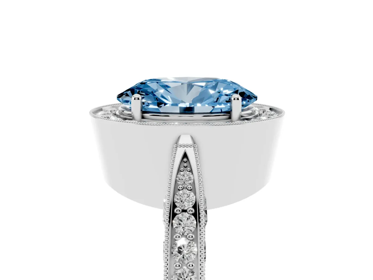 Fancy Blue Oval Cut Halo Diamond Engagement Ring with Split Shank Band and Four-Prong Setting Silver