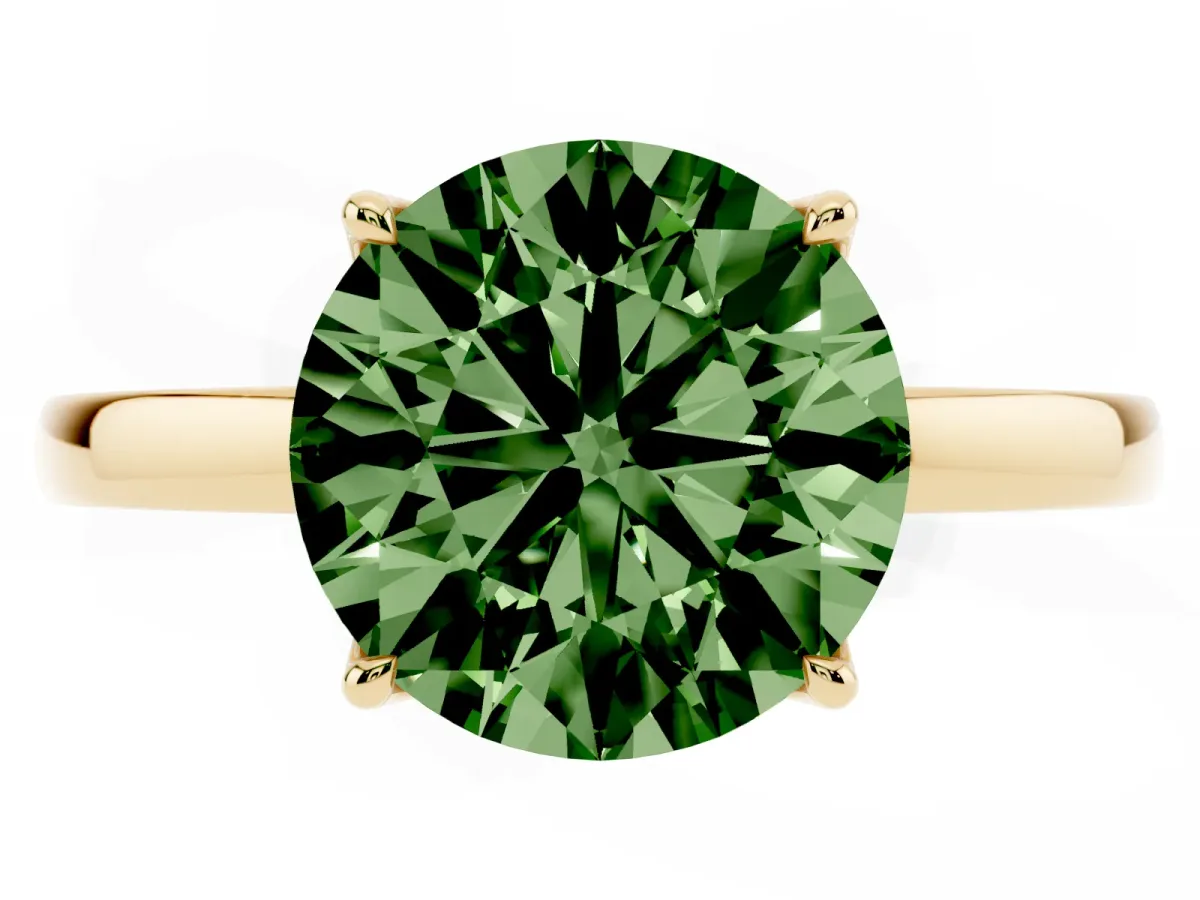 Fancy Green Round Cut Diamond Solitaire Ring with Thin Band and Prong Setting Yellow gold