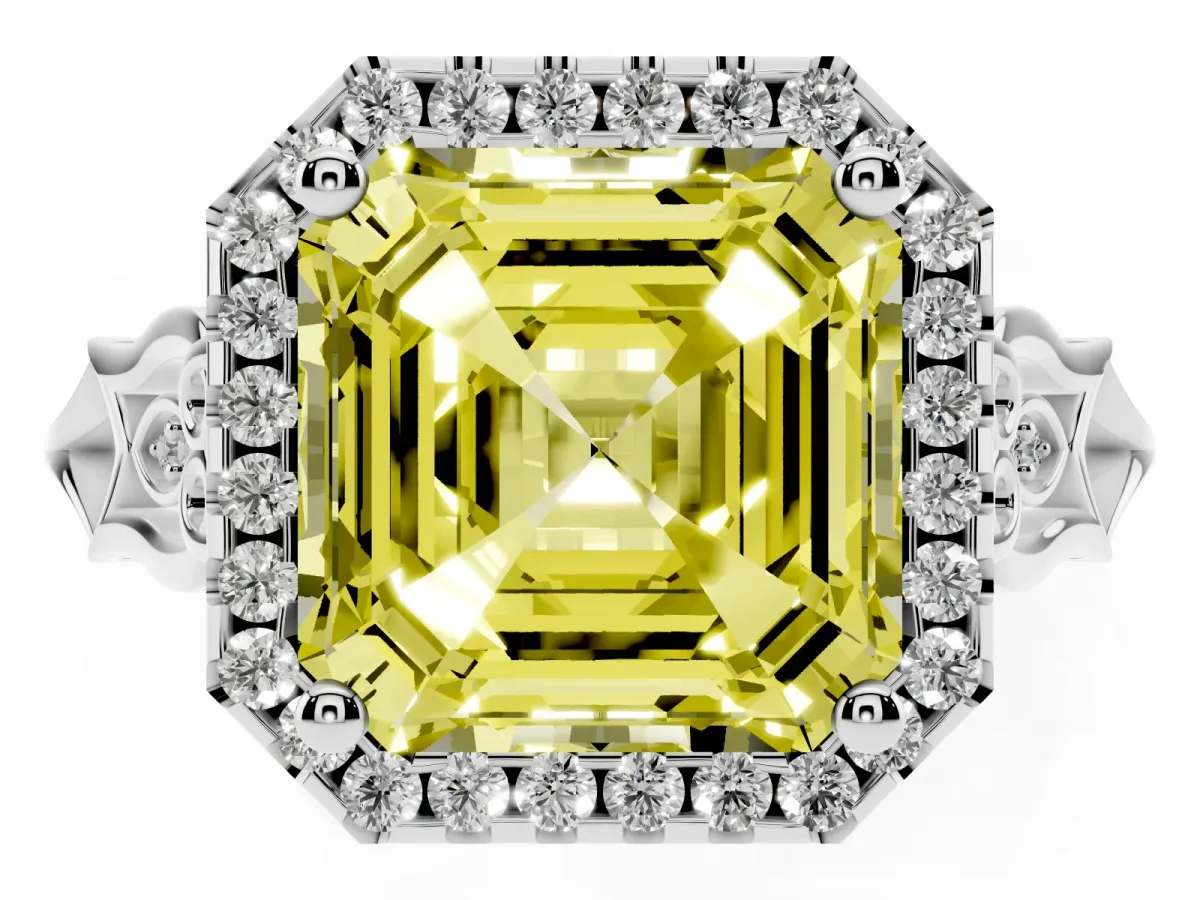 Fancy Yellow Asscher Cut Halo Diamond Engagement Ring with Filigree Band and Four-Prong Setting White gold