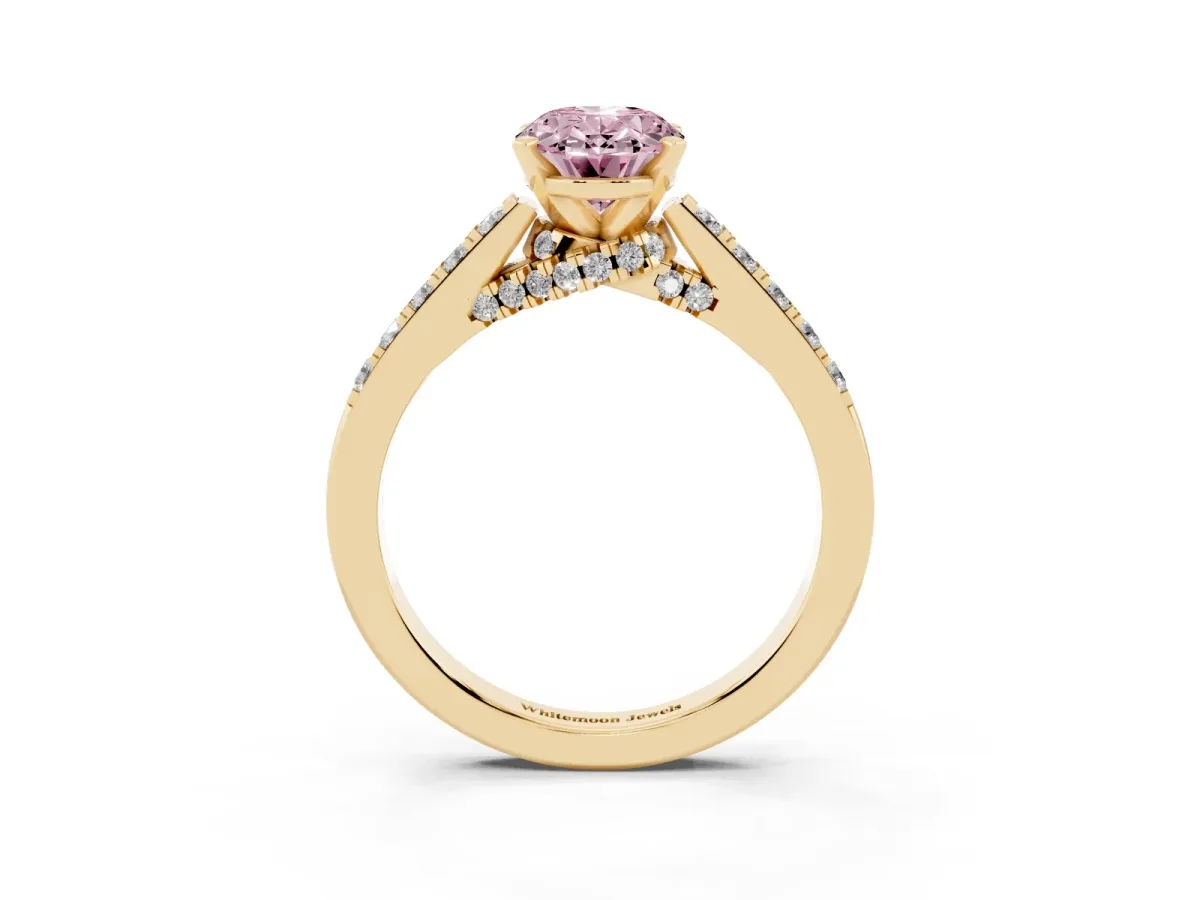 Fancy Pink Oval Cut Diamond Solitaire Ring with Crossover Gallery and Round Pavé Band Yellow gold