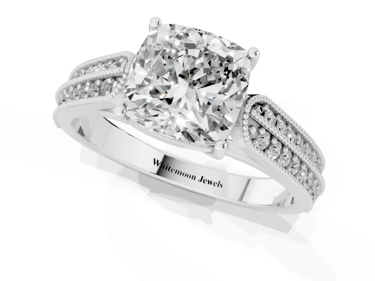 Cushion Cut Cut Pave Split Shank Engagement Ring with Four-Prong Setting Platinum