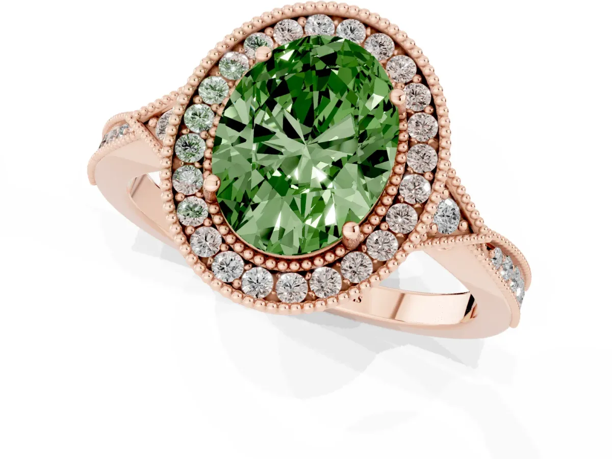 Fancy Green Oval Cut Halo Round Diamond Milgrain Pave Engagement Ring Rose gold