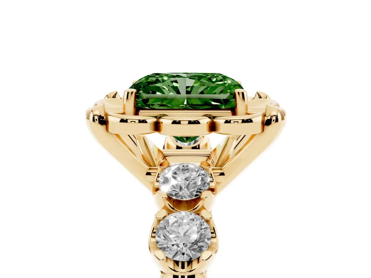 Fancy Green Radiant Cut Cut Diamond Floral Halo Engagement Ring with Shared Prong Setting Yellow gold