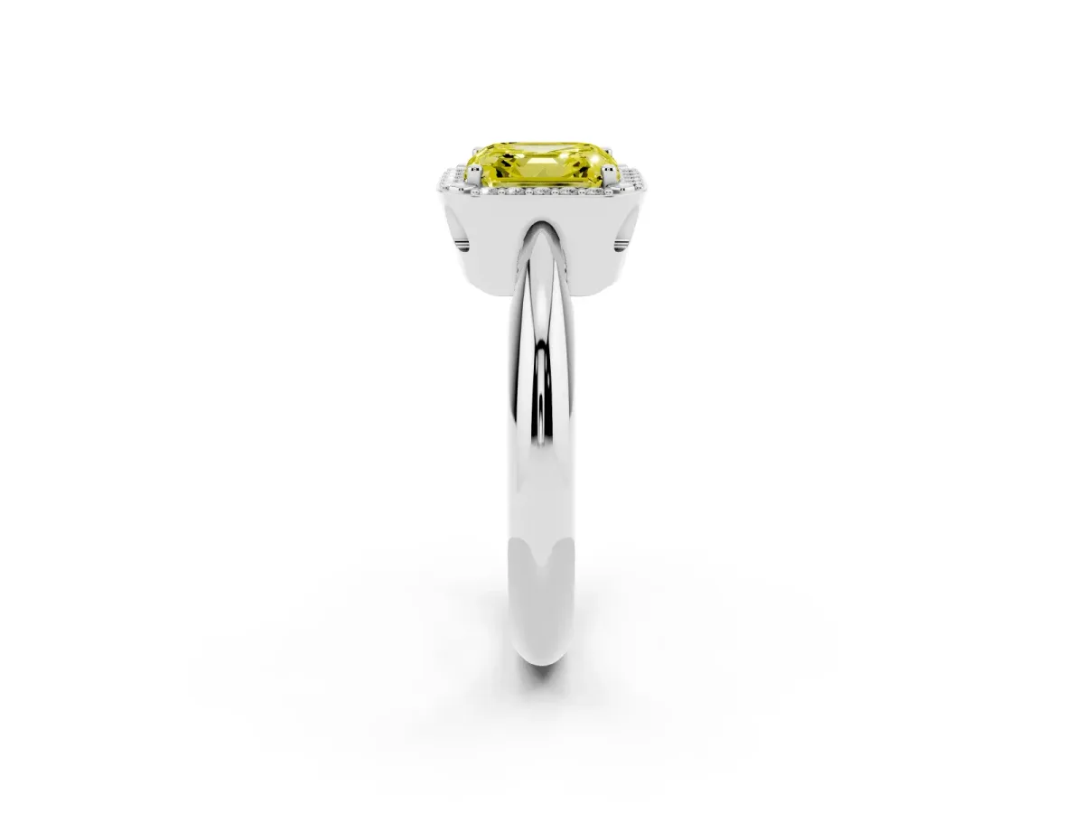 Fancy Yellow Asscher Cut Cut Diamond Halo Engagement Ring with Split Shank and Four-Prong Setting Silver