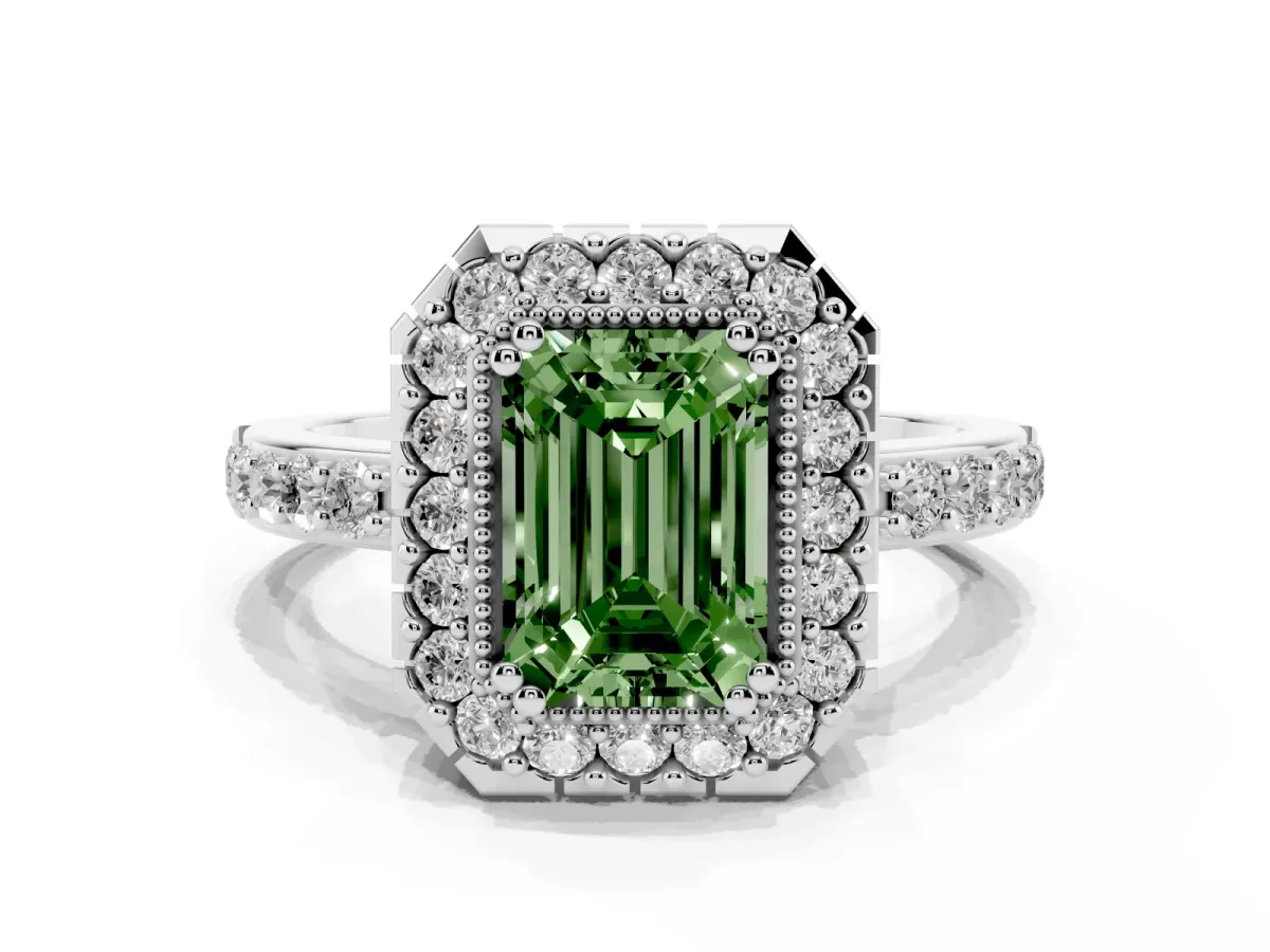 Fancy Green Emerald Cut Diamond Halo Ring with Pavé Band and Prong Setting Silver