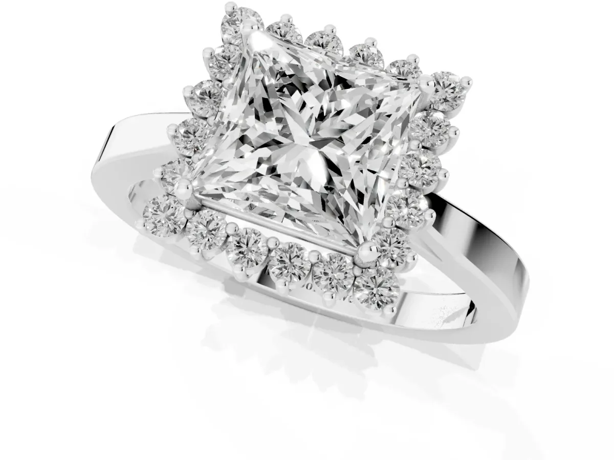 Princess Cut Cut Diamond Halo Ring with Round Brilliant Halo and Solitaire Band Platinum