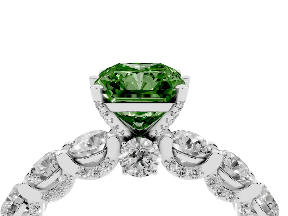 Fancy Green Radiant Cut Diamond Side Stone Engagement Ring with Four-Prong Setting Silver