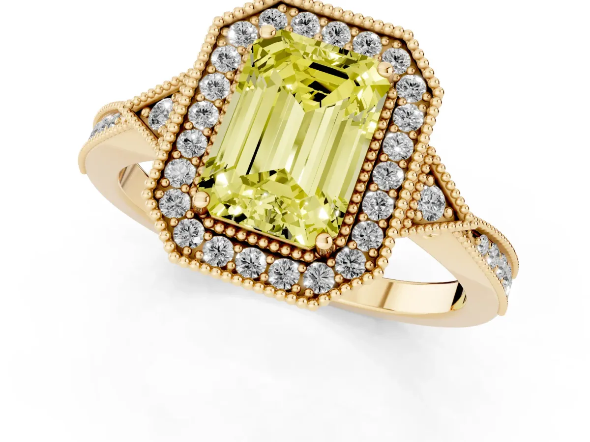 Fancy Yellow Emerald Cut Halo Round Diamond Milgrain Pave Engagement Ring Yellow gold