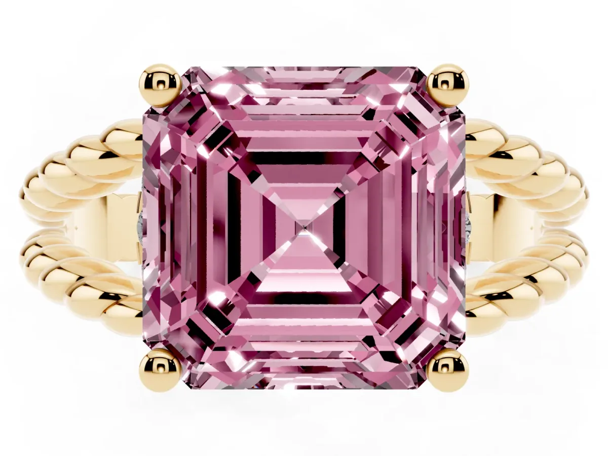 Fancy Pink Asscher Cut Halo Twisted Band Four-Prong Ring Yellow gold