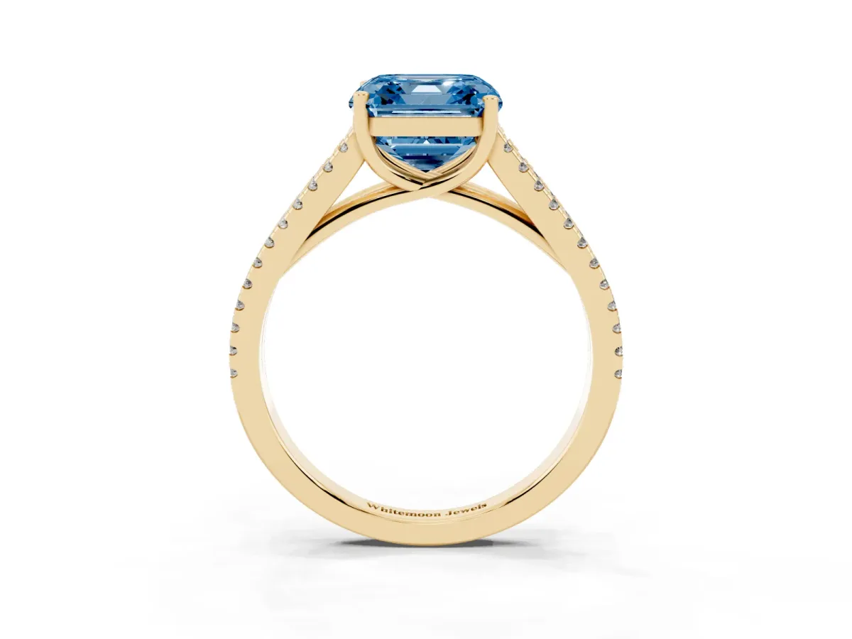 Fancy Blue Asscher Cut Diamond Solitaire Engagement Ring with Split Shank Pavé Band Yellow gold