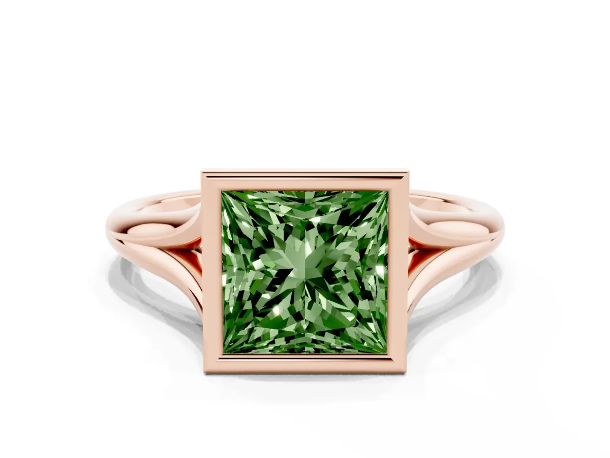 Fancy Green Bezel Set Princess Cut Cut Solitaire Ring with Tapered Band Rose gold