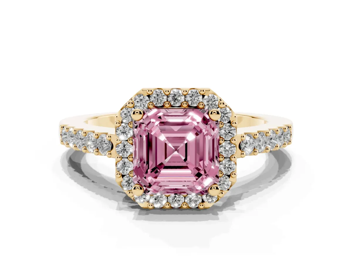 Fancy Pink Asscher Cut Halo Diamond Pavé Solitaire Ring Yellow gold