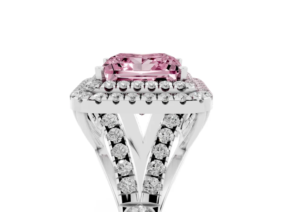 Fancy Pink Princess Cut Diamond Double Halo Ring with Split Shank and Prong Setting Platinum