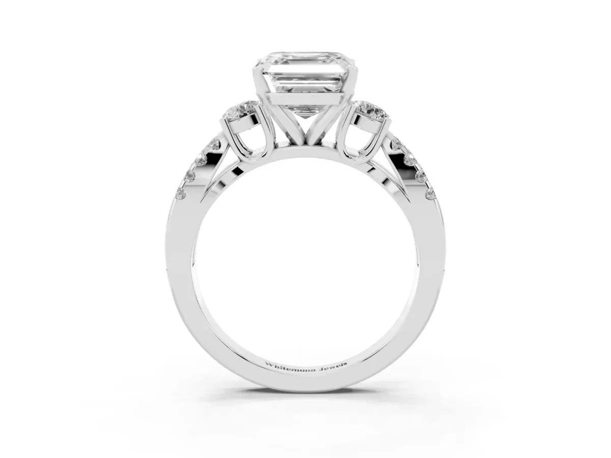 Asscher Cut Diamond Three-Stone Ring with Pavé Split Shank and Four-Prong Setting White gold