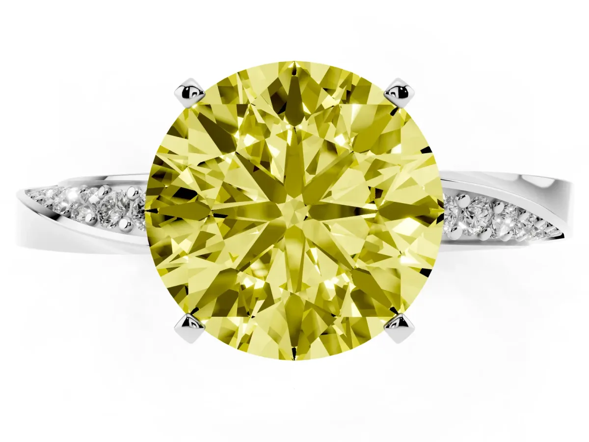Fancy Yellow Round Cut Diamond Engagement Ring with Side Stone Accents and Four-Prong Setting Platinum