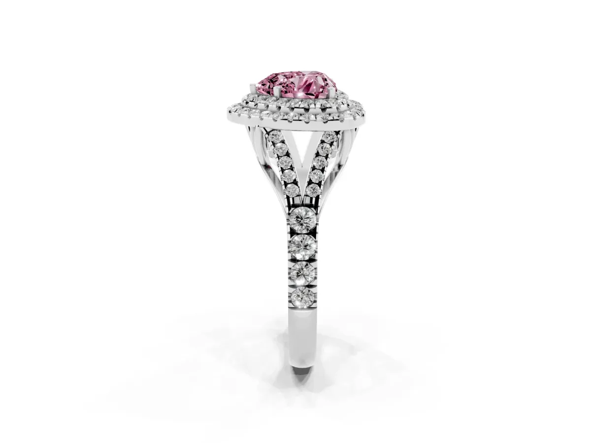 Fancy Pink Double Halo Heart Cut Diamond Split Shank Engagement Ring with Four-Prong Setting Silver