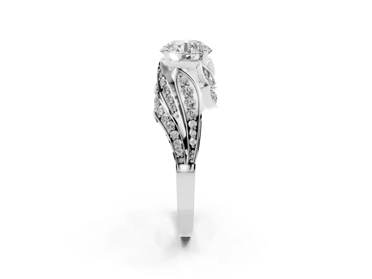 Round Cut Diamond Solitaire Ring with Prong Setting and Twisted Pavé Band Silver