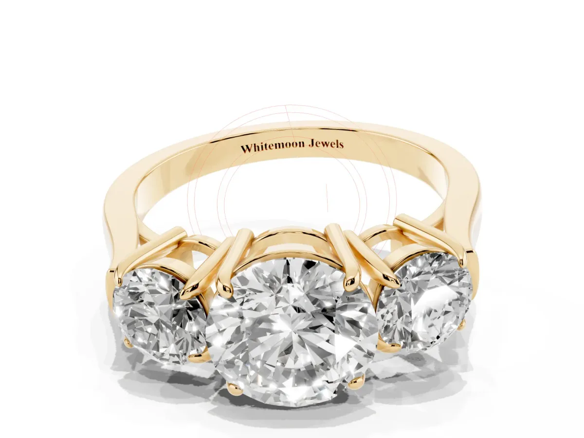 Three-Stone Round Cut Cut Diamond Ring with Round Accent Stones, Prong Setting, and Classic Band Yellow gold