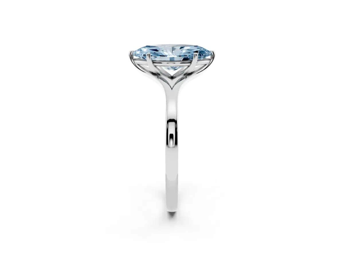Fancy Blue Marquise Cut Solitaire Diamond Ring with Six-Prong Setting and Tapered Band Platinum