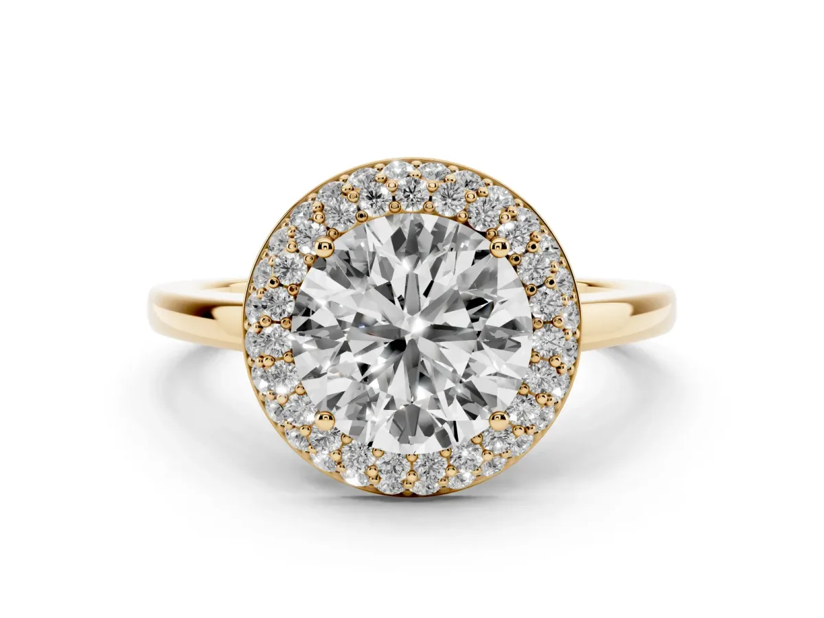 Round Cut Halo Diamond Engagement Ring with Solitaire Band and Four-Prong Setting Yellow gold