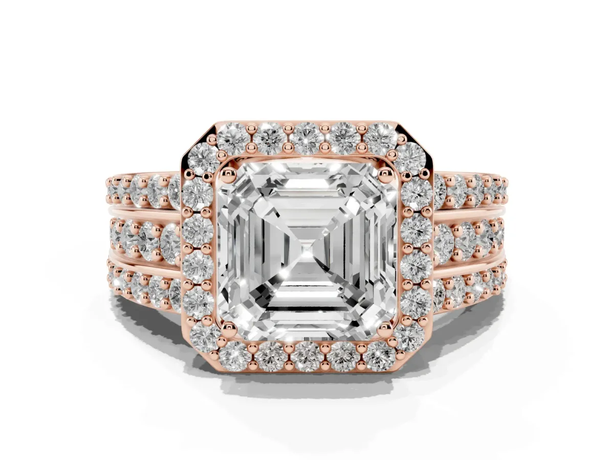 Asscher Cut Halo Diamond Ring with Round Split Shank and Prong Setting Rose gold
