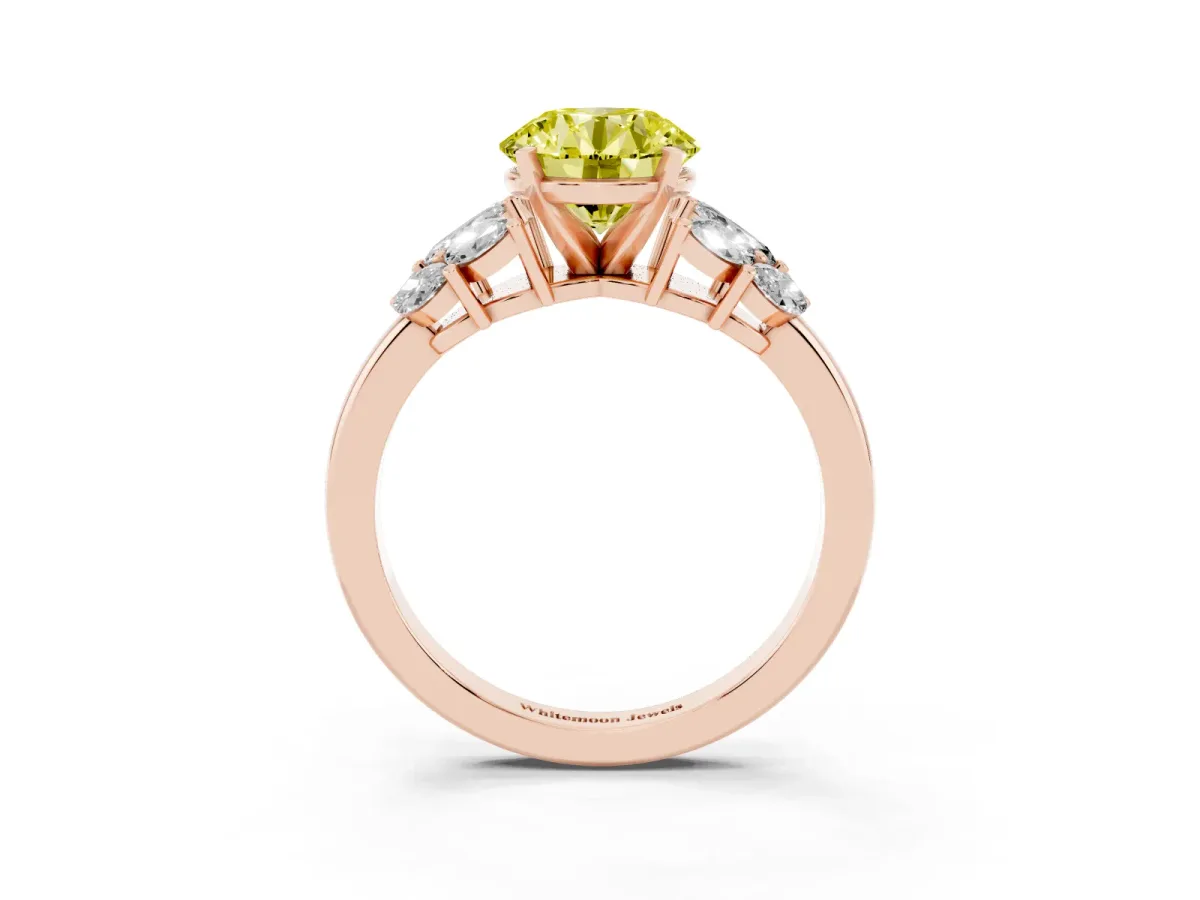 Fancy Yellow Round Cut Diamond Cluster Leaf Design Ring with Prong Setting Rose gold