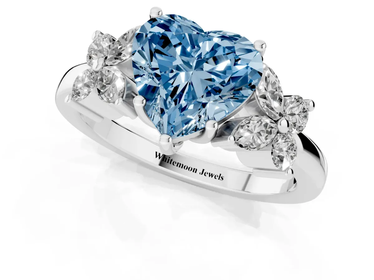 Fancy Blue Heart Cut Diamond Floral Cluster Ring with Solitaire Band and Prong Setting Platinum
