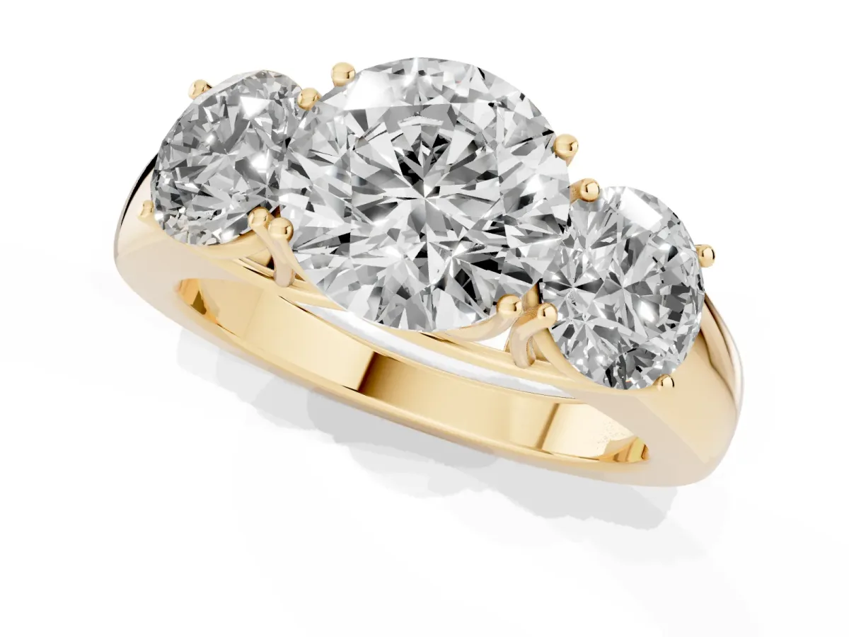 Three-Stone Round Cut Cut Diamond Ring with Prong Setting and Classic Band Yellow gold