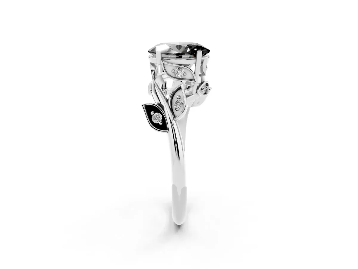 Fancy Black Oval Cut Solitaire Twist Engagement Ring with Leaf Accents and Prong Setting Silver